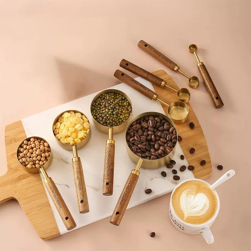 Stainless Steel Measuring Spoon Set Wooden Handle Spoons with Scale 8pcs Coffee Measuring Spoon Set Bartending Scale Accessories