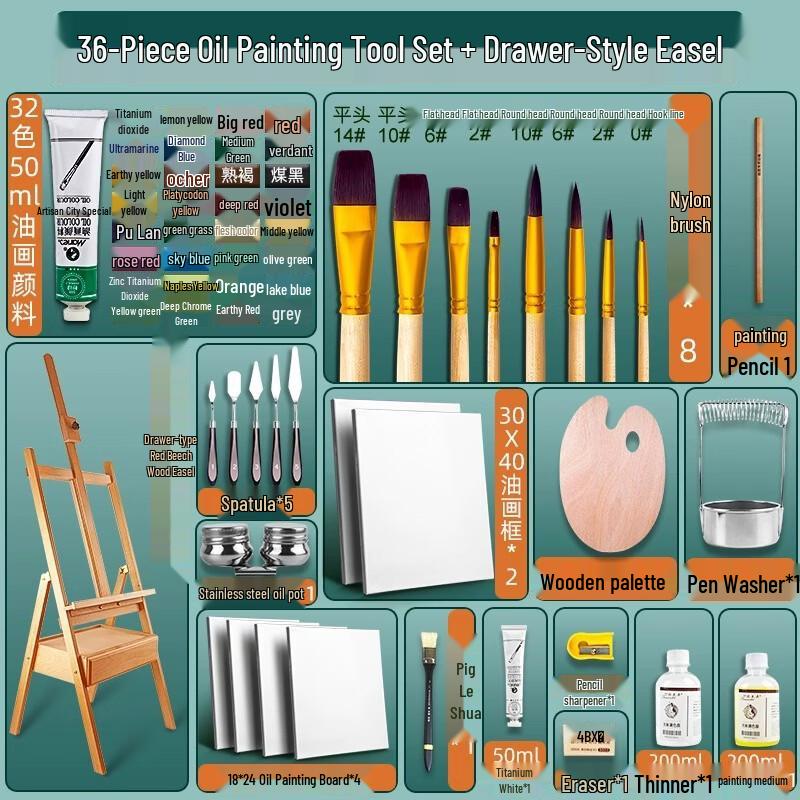 Handun Oil Painting Set with Easel and 36-Piece Tool Kit