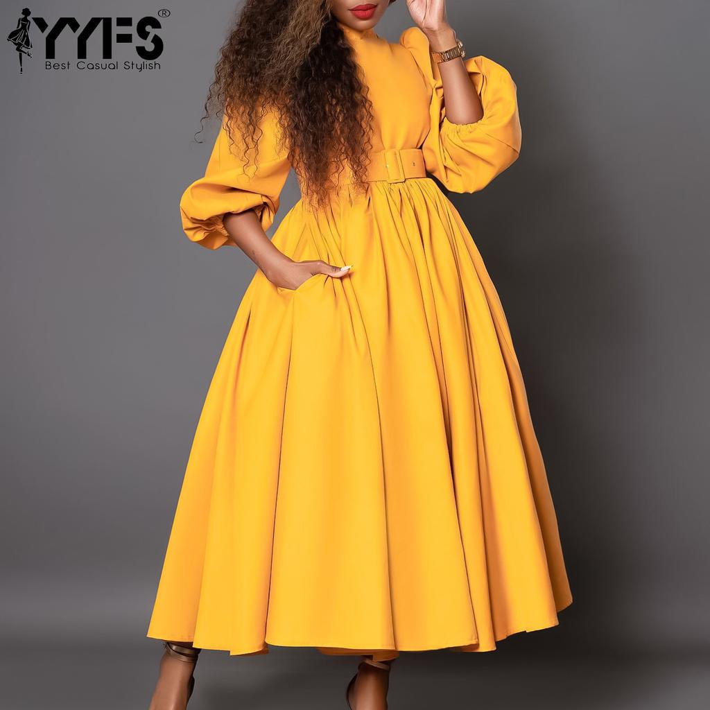 YYFS Moda damă primăvară toamnă imprimeu culoare uni cu mâneci lungi pe jumătate cu gât rotic cu talie înaltă rochii casual