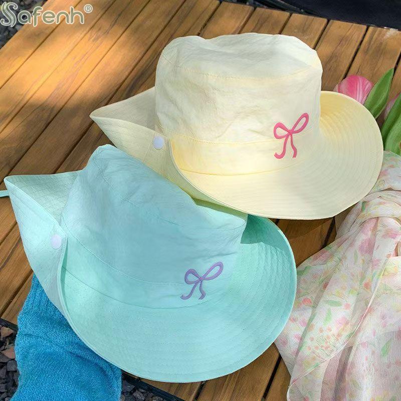 1Pcs Summer Hiking Camping Caps Fashion Bow Embroidery Quick Dry Bucket Hat Wide Brim Fordable Sunscreen Y2K Hats Girl Women