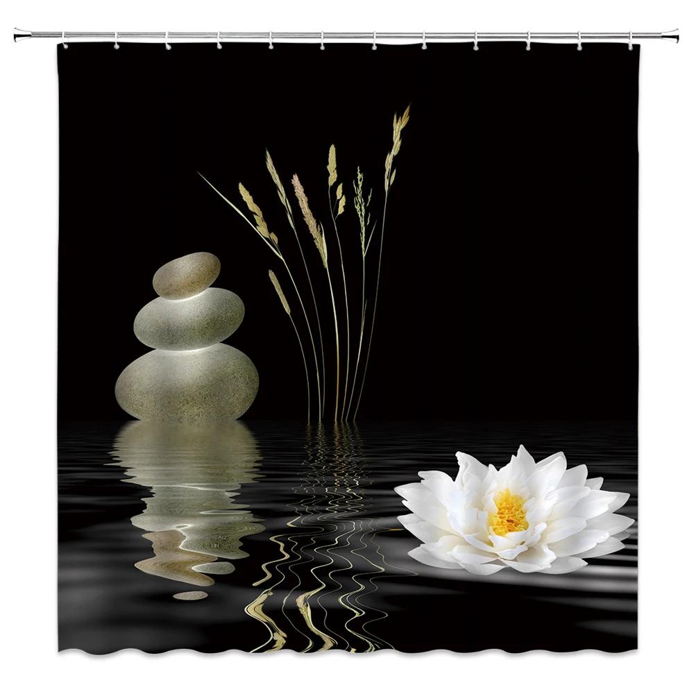 Stones And White Lotus In Water Shower Curtain Zen Spa White Bathroom Waterproof Extra Long Polyester Fabric For Bathtub Decor