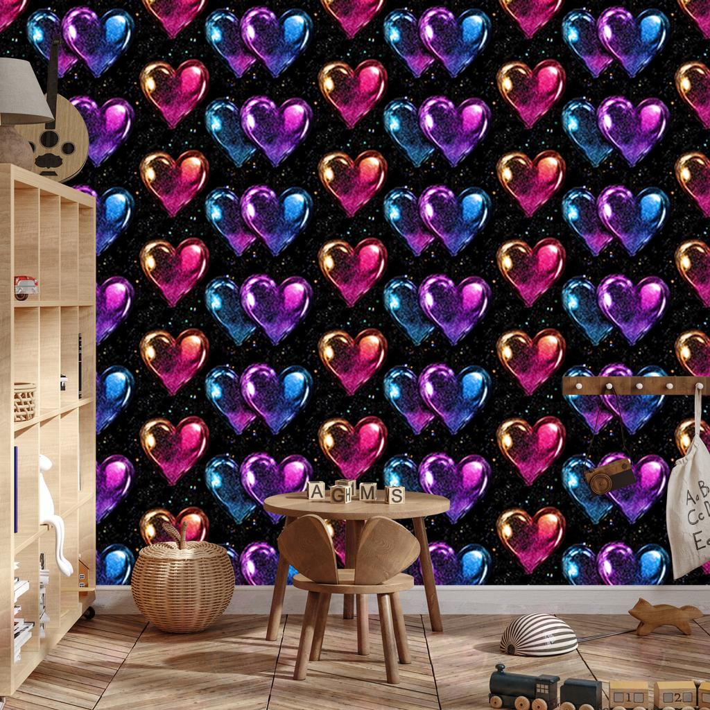 Neon Glitter Hearts Wallpaper Black and Purple 50x1000