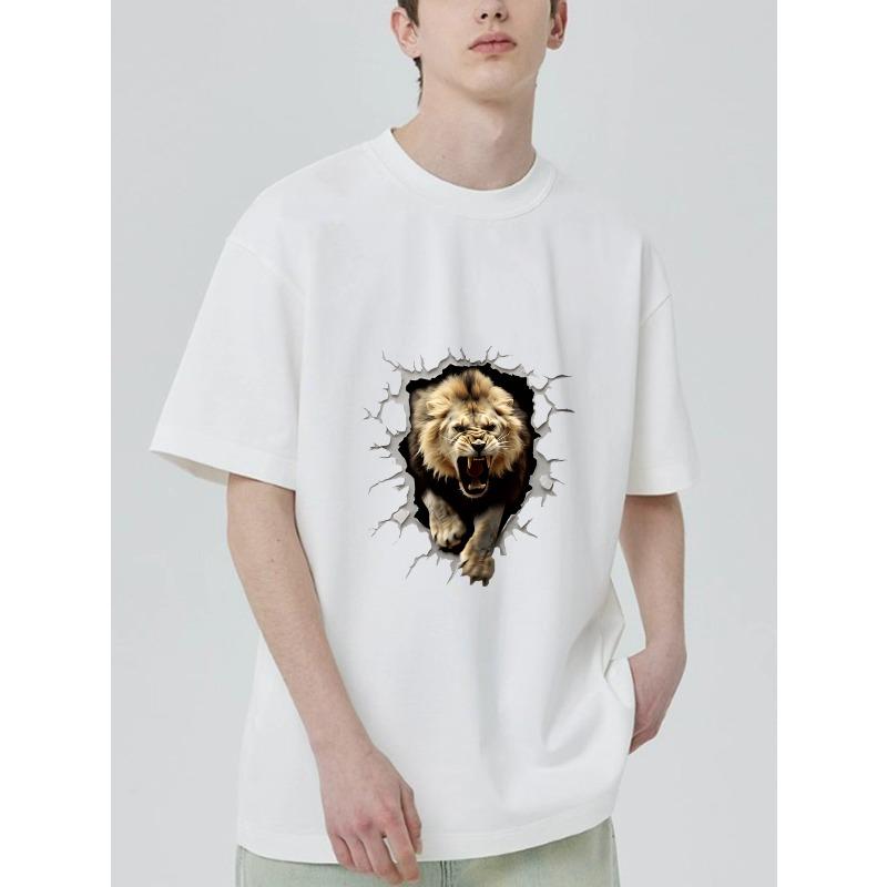 Men's Black T-Shirt Lion Breaking Through Graphic Design Casual Wear for Everyday Outfits