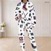 Women Plus Size White Hockey Printed Round Neck Long Sleeve Top And Pants Two Piece Set