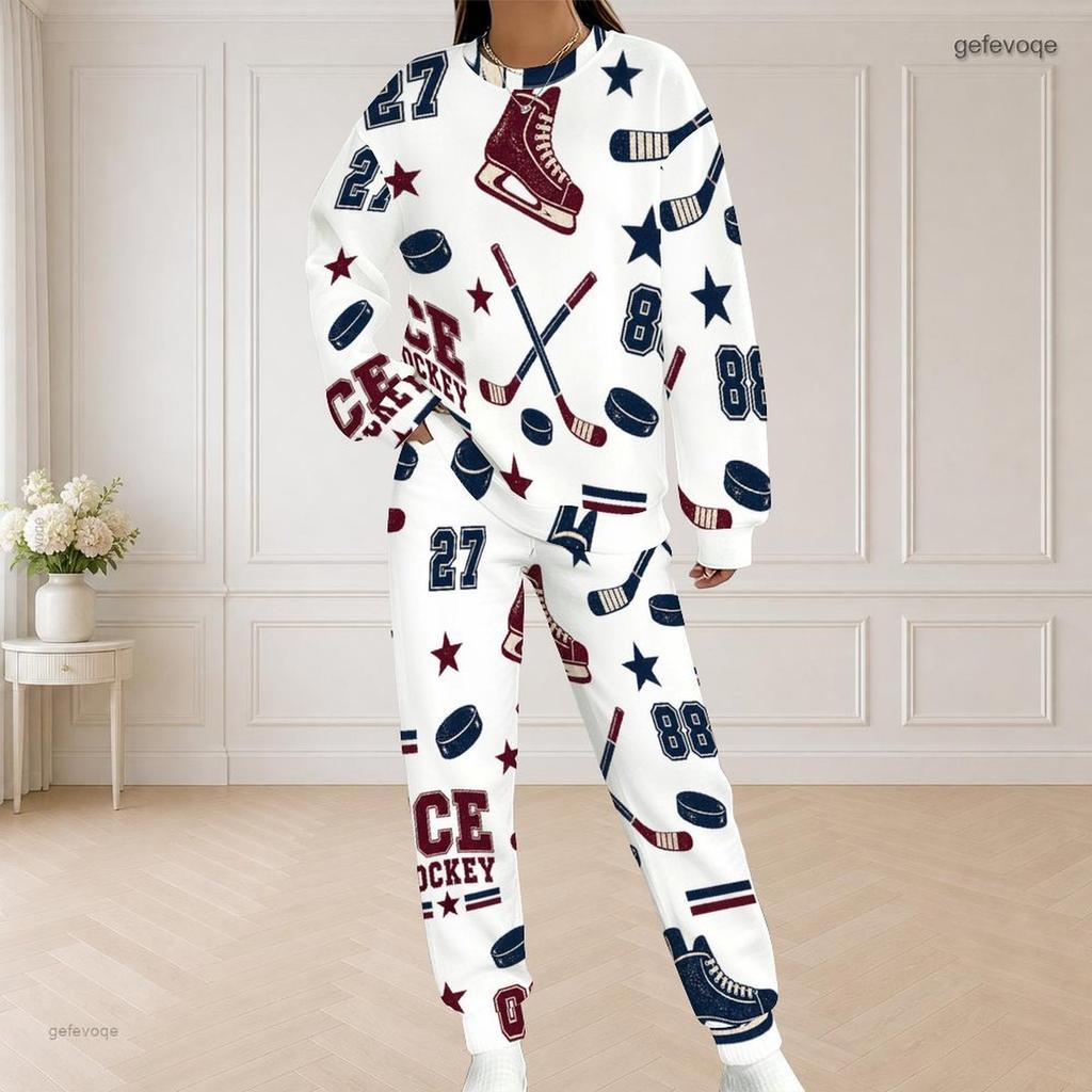 Women Plus Size White Hockey Printed Round Neck Long Sleeve Top And Pants Two Piece Set