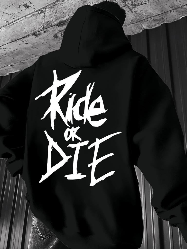 Dark High Street Men's Loyalty Slogan Hand Lettering Art Hip Hop Sweatshirt, Rough Sharp Line Drop Shoulder Long Sleeve Top