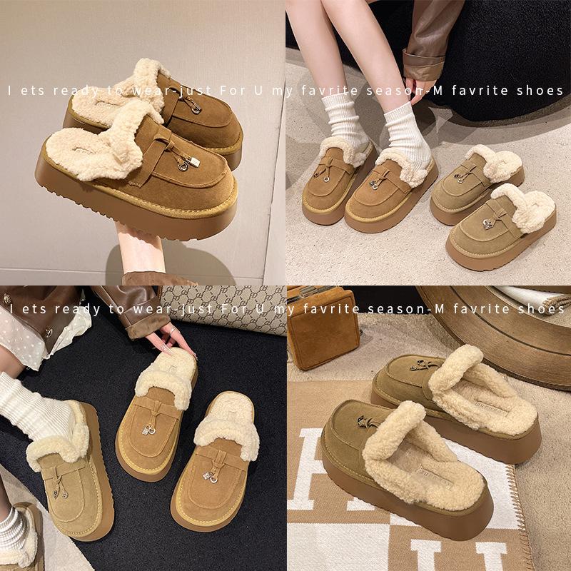 Winter new women's thick-soled casual lamb wool slippers Boken Baotou home wear velvet warm increase