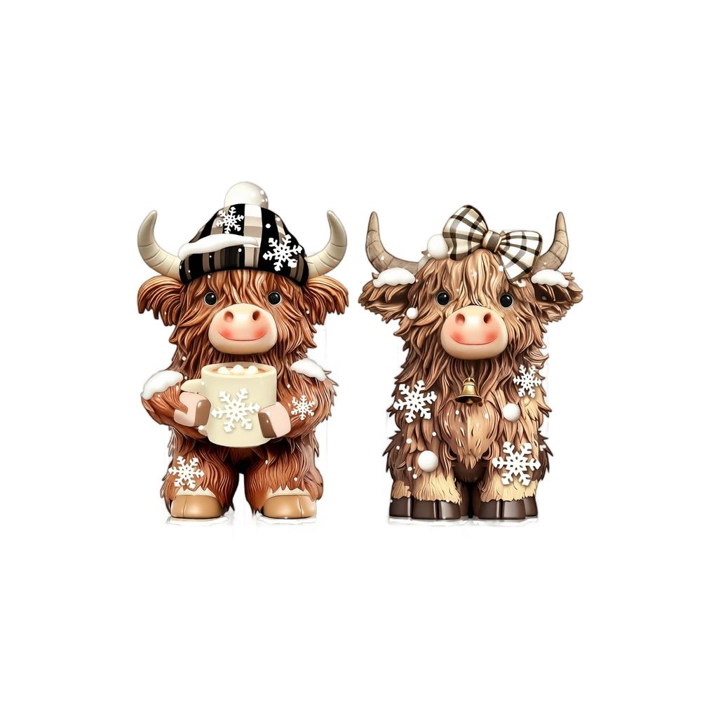 Kuh-Weihnachtsdekoration Set mit 2 Stück, Vintage Schottenkuh-Figuren im Karomuster mit Schneeflocke und Heiß für Tischplatte Eingangsbereich