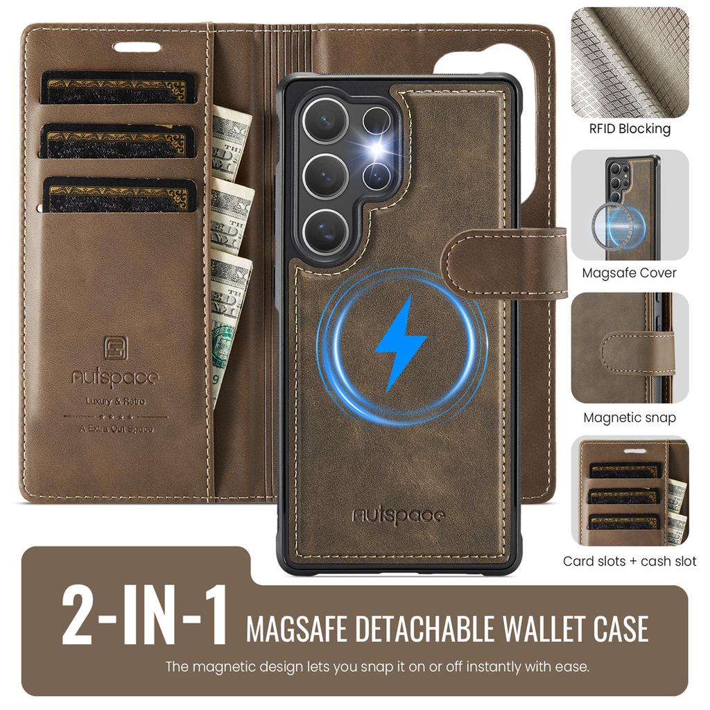 2-in-1 Magnetic Detachable Wallet Case for Samsung Galaxy S24/S24 Plus/S24 Ultra - PU Leather, Card Slots, Wireless Charging, 360° Protection