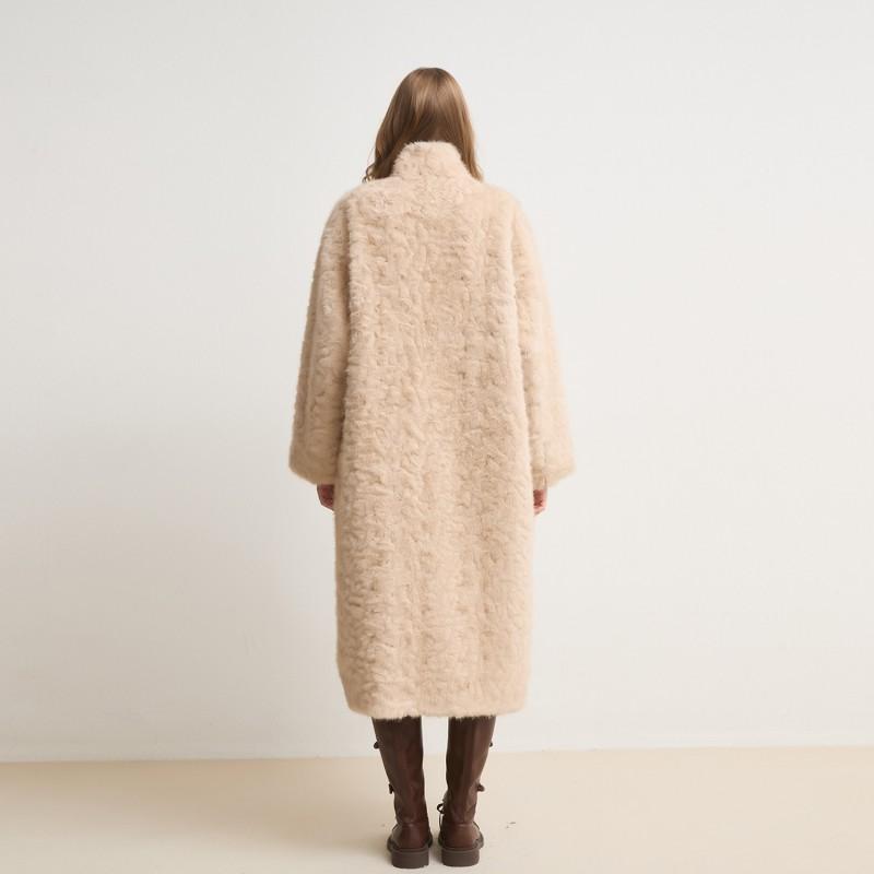 Womens Long Faux Fur Coat Stand Collar Single-Breasted Loose Fit Winter 2025
