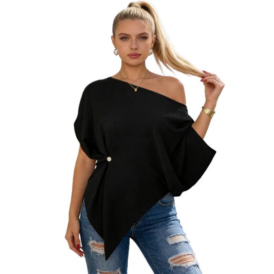 

Women T-shirt Skew Collar Batwing Short Sleeve Waist Tight Design Tee Shirt Pure Color Loose Fit Soft Stretchy S чёрный