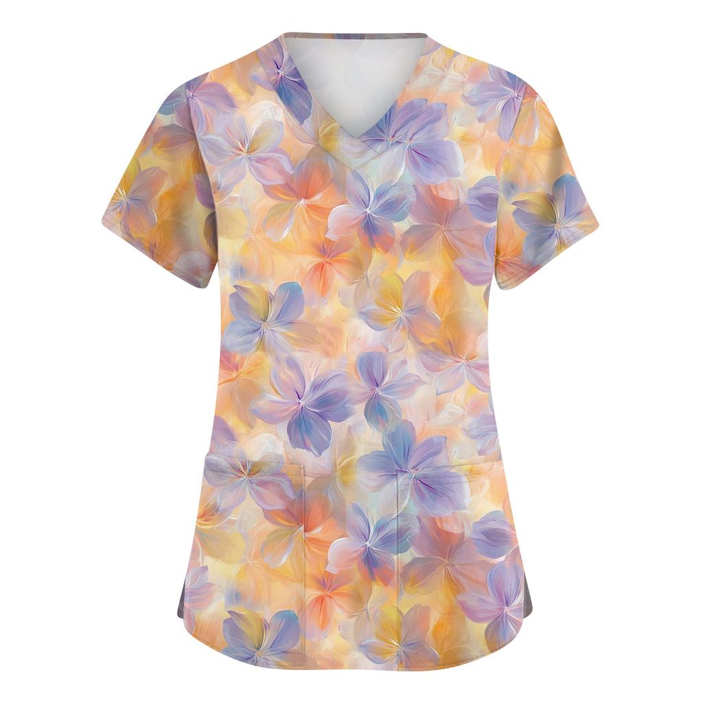 Women's Fashionable V-neck Workwear Printed Short Sleeved Pocket Side Slit Workwear Basic Pullover Top