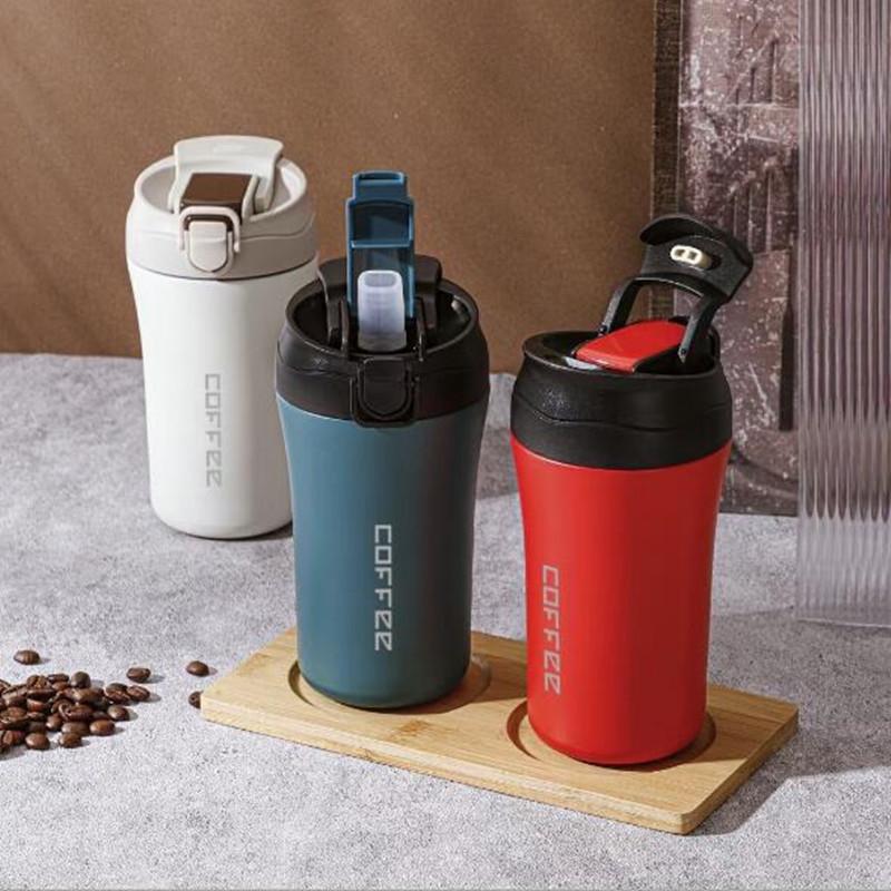 Nerezová termoska na kávu, Termohrnek se slámkou, Cestovní hrnek do auta, Vakuové lahve pro ženy a muže, 400 ml