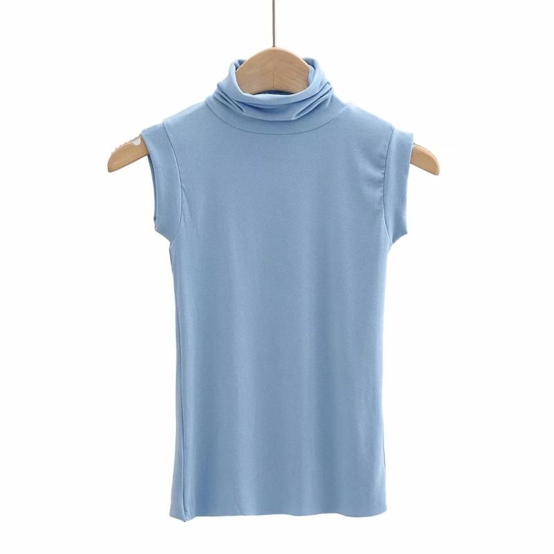 

Thin Modal Cotton Sleeveless Turtleneck Women s T-shirt Stretch Silm Fashion Tight Elegant Silm Base Elegant Tops Light Blue S
