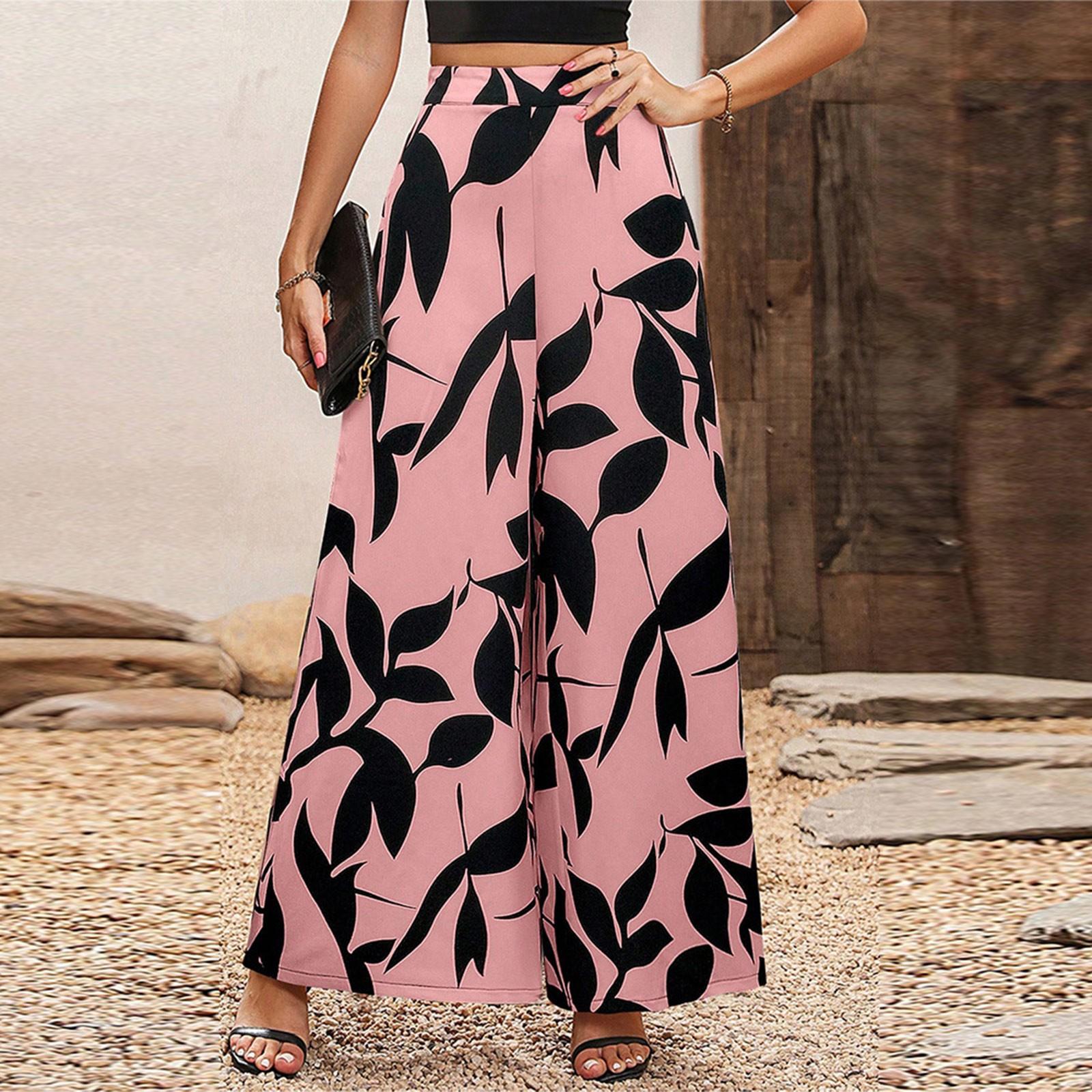

Summer Chiffon Leaf Printed Casual Pants With High Waist And Wide Legs For Women XXL червоний