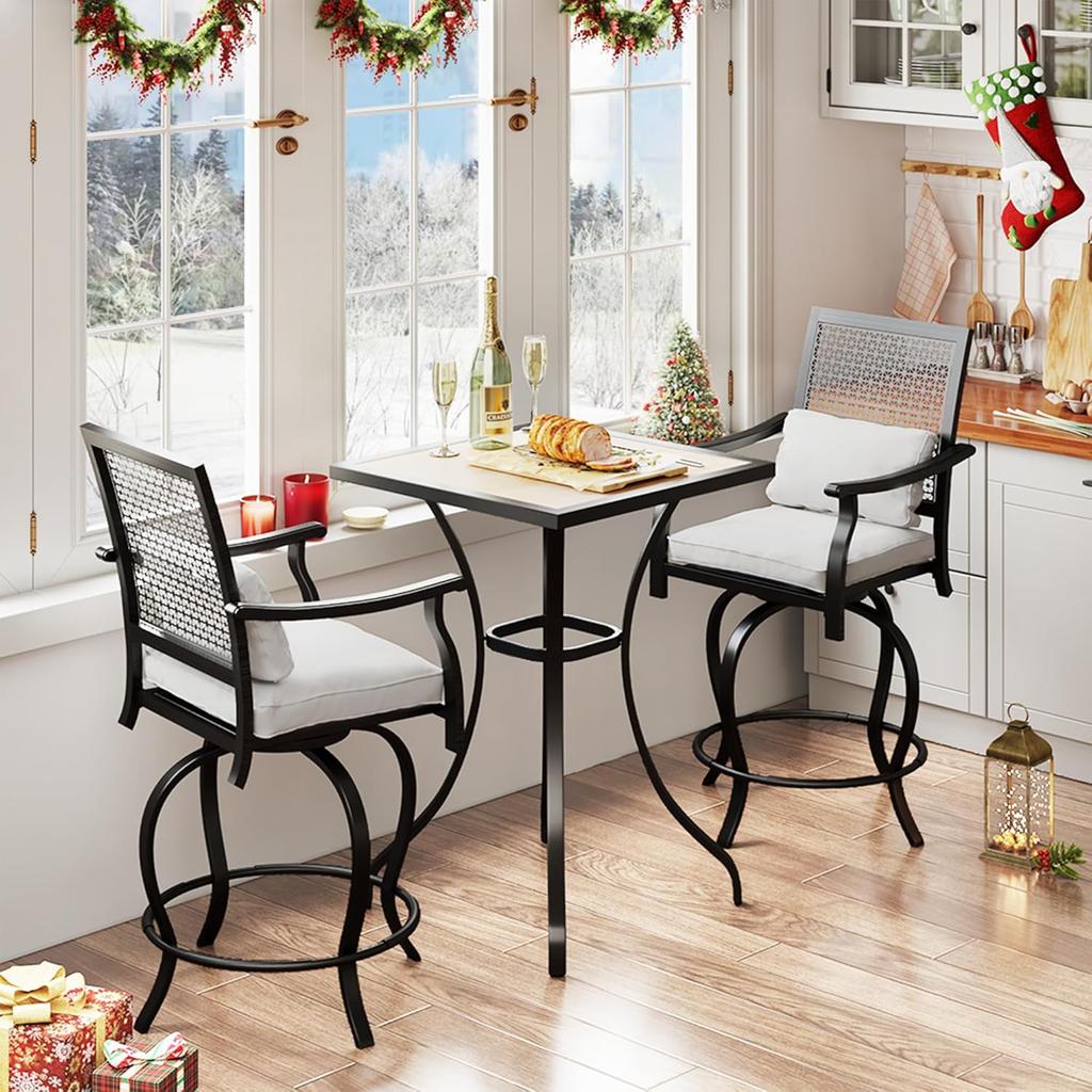 YODOLLA 3-Piece Pub Table Set with 2 Swivel Barstools, Upholstered Cushion & Footrest for Kitchen, Living Room, Pub