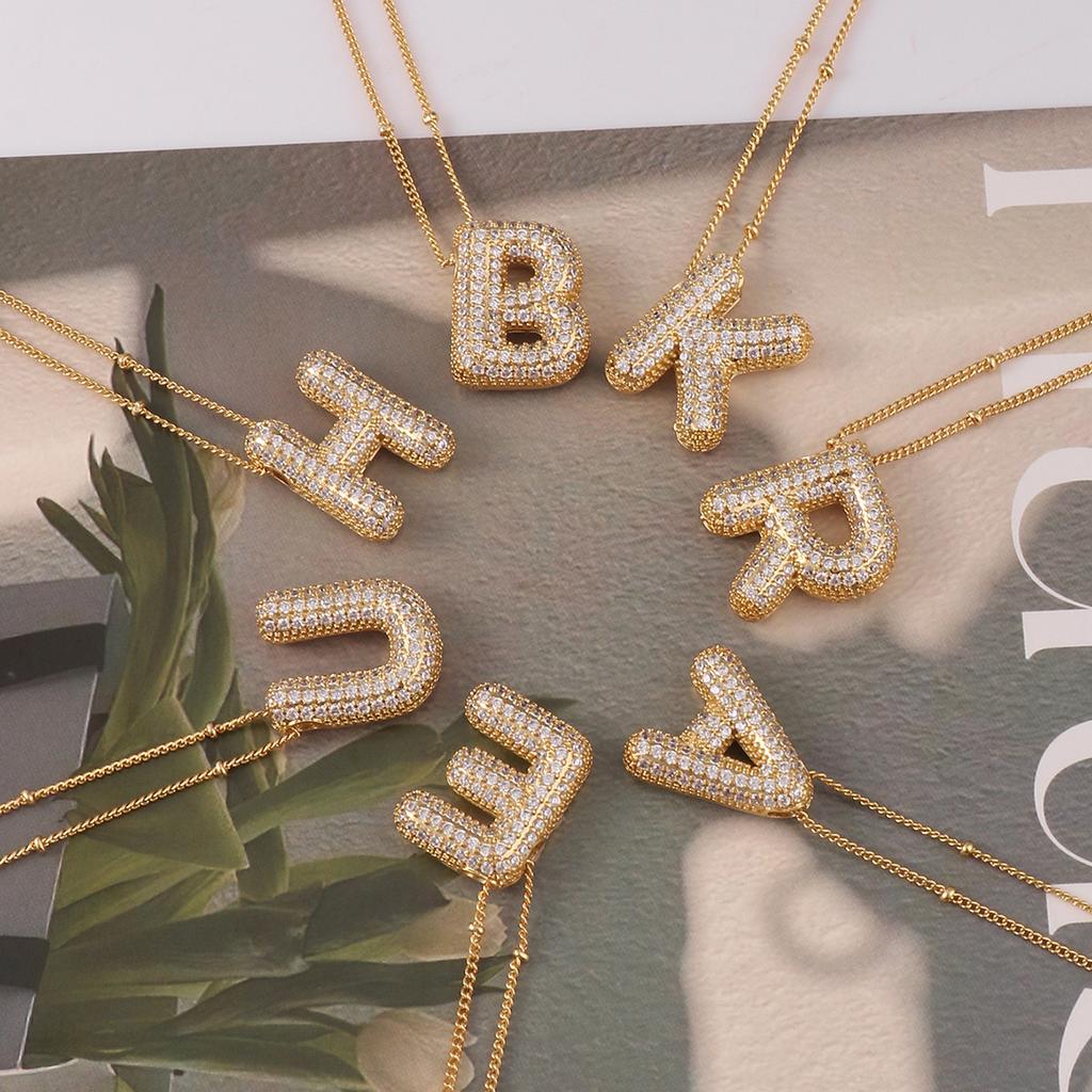 Gold Initial Letter Pendant Necklace Copper Paved Diamond A-Z Initial Alphabet Bubble Charm Choker For Women