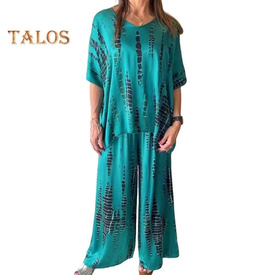 

Женский комплект из двух предметов больших размеров, летний повседневный топ с круглым вырезом и короткими рукавами, широкие брюки, свободный наряд на весну, лето и осень 2XL зелёный