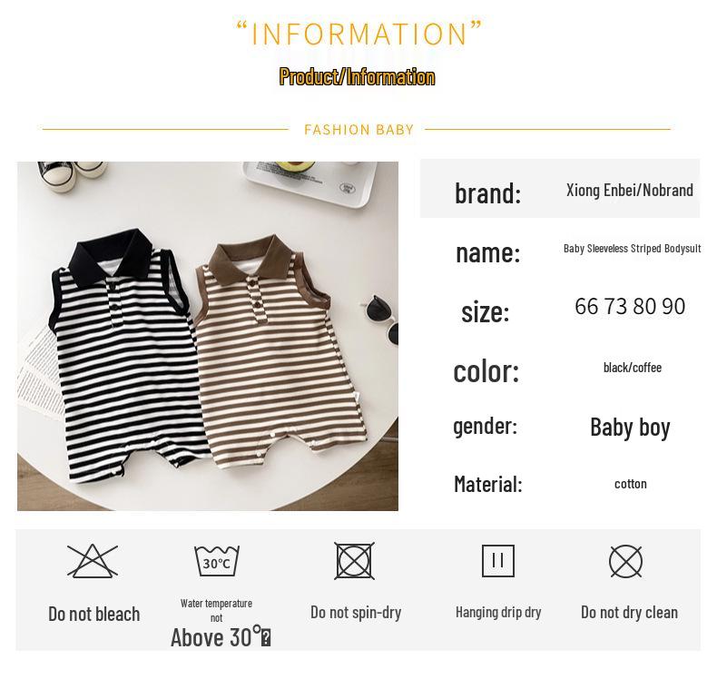 Unisex Infant Striped Sleeveless Romper with Lapel and Snap Crotch