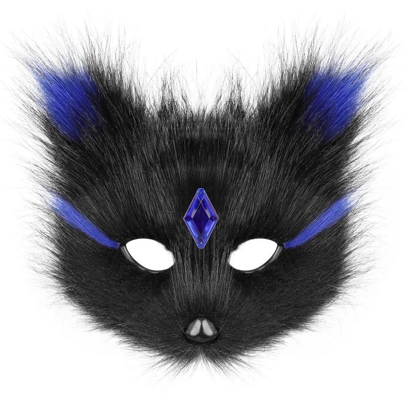 Plush Half-Face Fox Mask Halloween Costume Party Adult Cosplay Accessory Black White Red Blue Variant