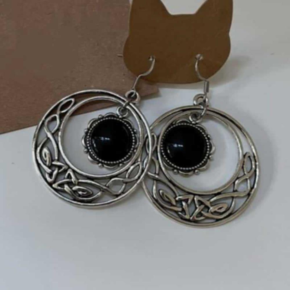 Gothic Victorian Silver Color Celtic Knot Black Agate Pendant Dangle Earrings for Women Halloween Pagan Witchcraft Jewelry Gifts