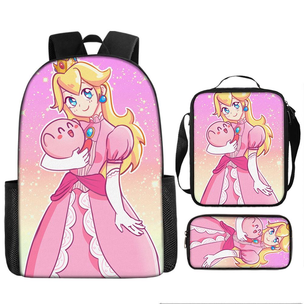 Sada batohů s kresleným motivem Super Maria, Školní taška princezny Peach, 3dílná, polyesterová, Batoh s herním motivem