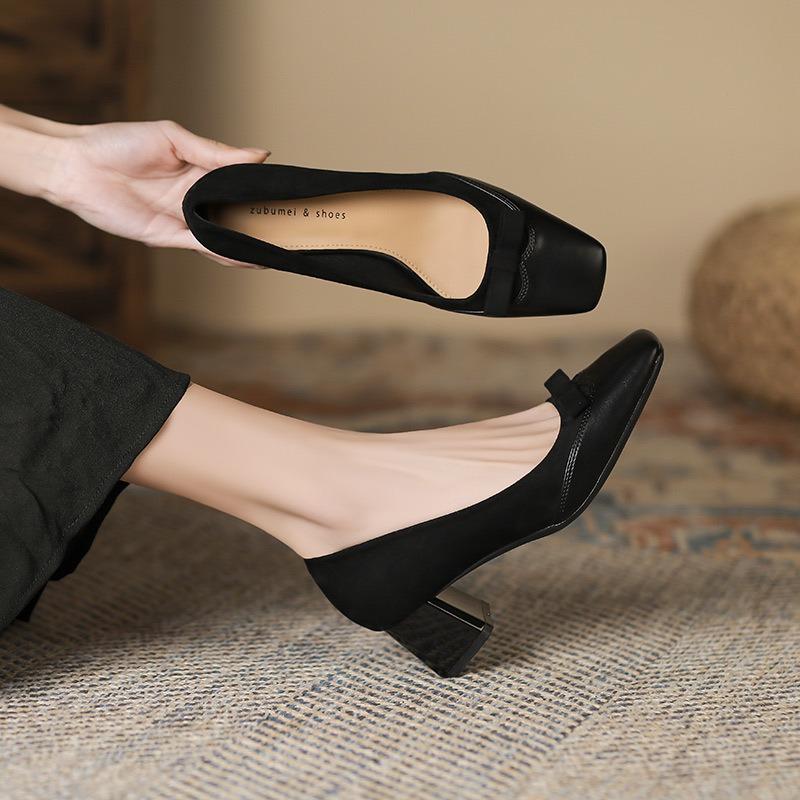 8-1 High Heels for Women's New Thick Heels, Light Mouth Bow, Pointed Head Temperament, Single Shoes for Women