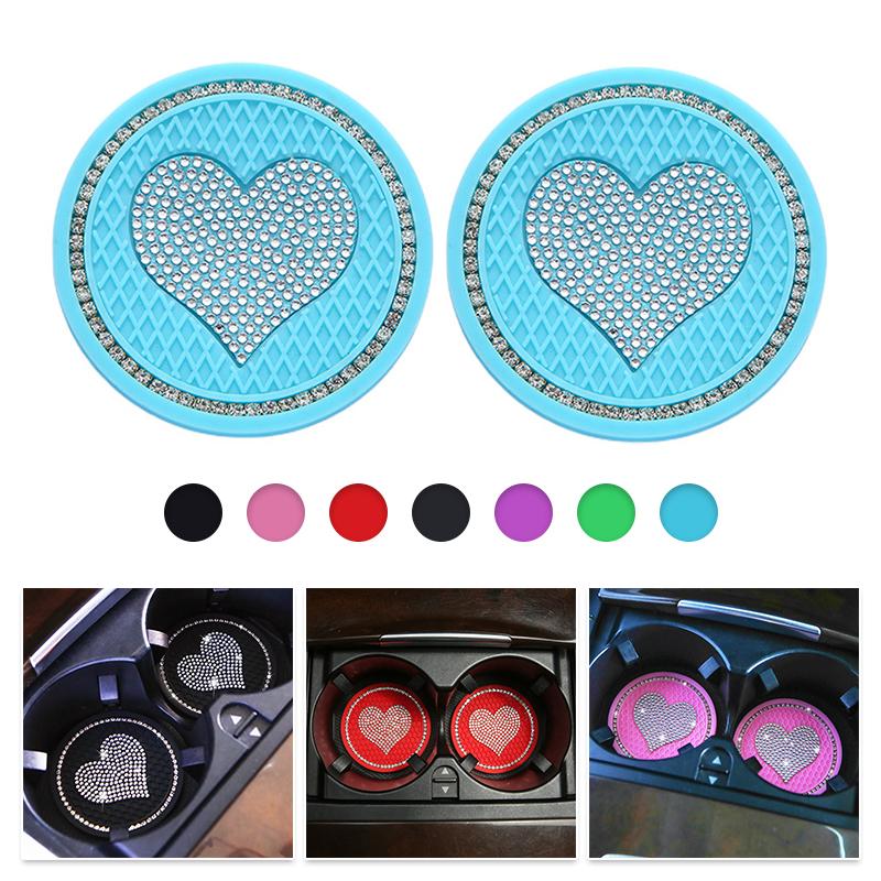 2pcs Car Coaster Diamond Heart Shape Water Cup Bottle Holder Anti-slip Pad Silica Gel Waterproof Mat Car Interior