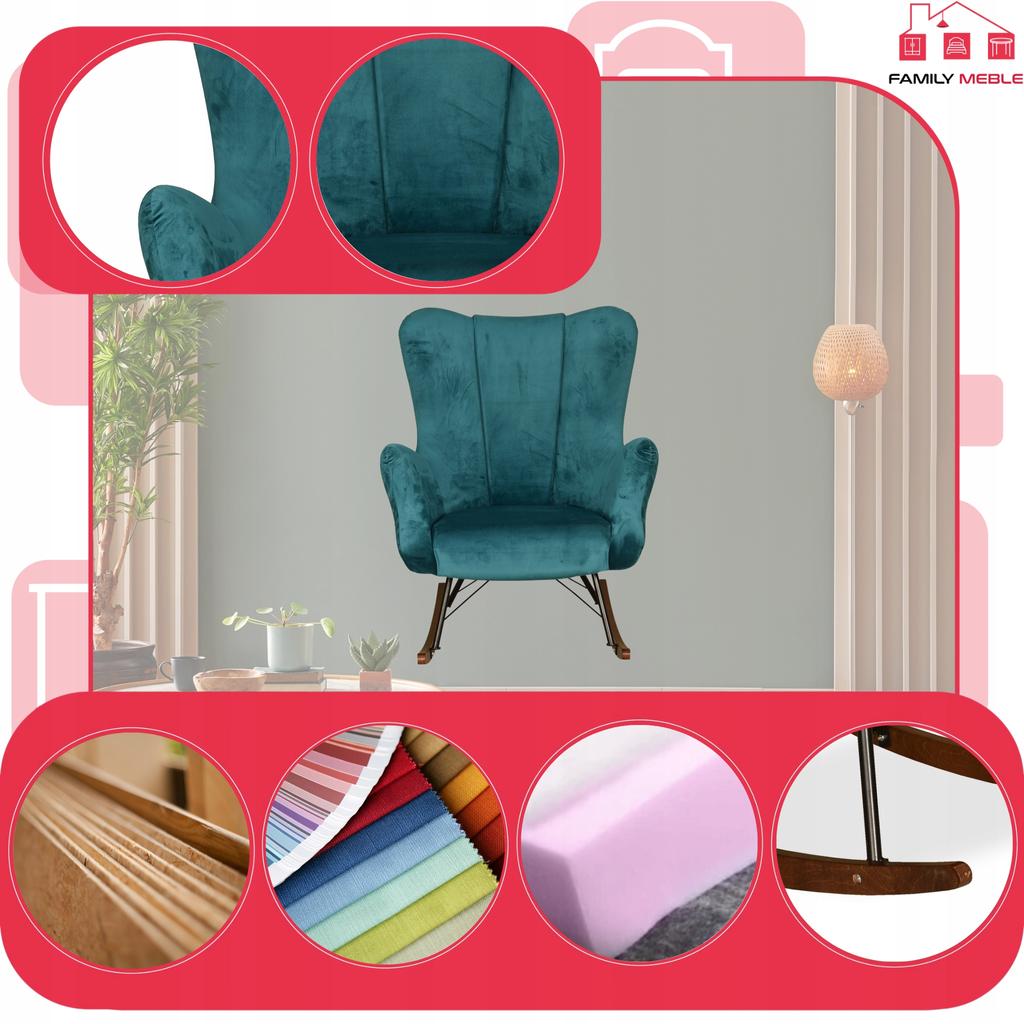 Fotel uszak skandynawski Vika bujany na płozach Family Meble turkus niebieski