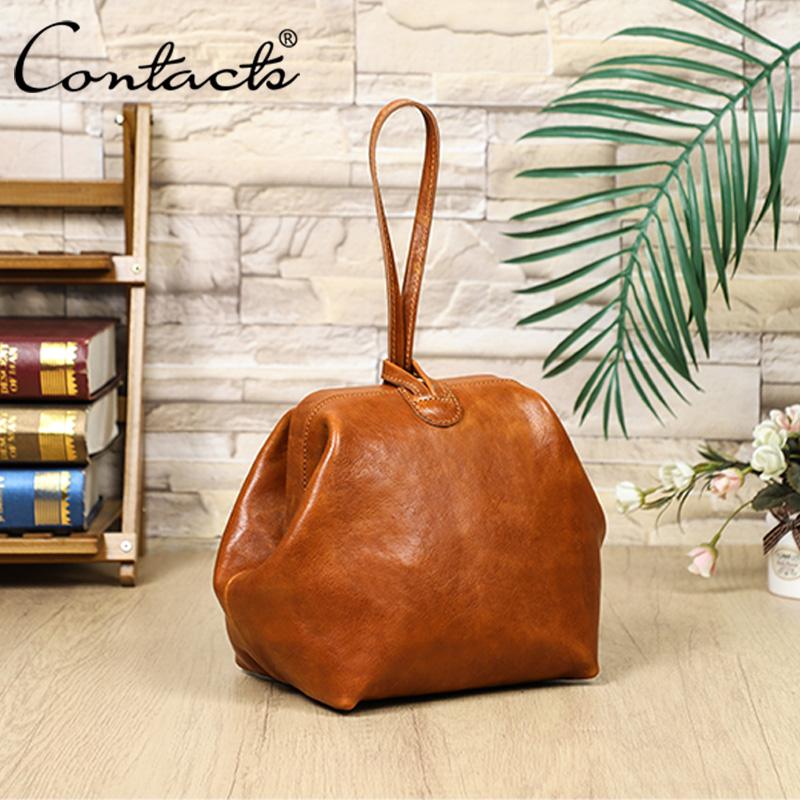 CONTACT'S Fashion Genuine Leather Clutch Bag Women Capacity Metal Frame Handle Handbag Travel Famliy Gift Wristlets Bag