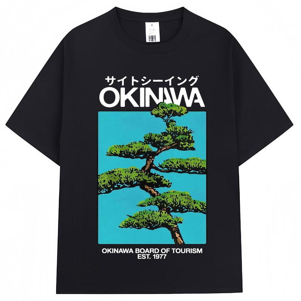 Japanischer Stil Okinawa Harajuku T-Shirt Unisex Damen Vintage Mode Kurzarm Lässig Oversized 100% Baumwolle T-Shirt Streetwear
