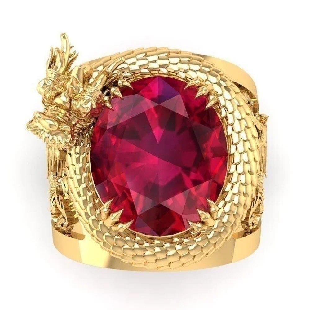 Luxury Gold Color Dragon Pattern Men Rings Inlaid Big Oval Red Stone Noble Wedding Party Finger Rings Male Trendy Jewelry