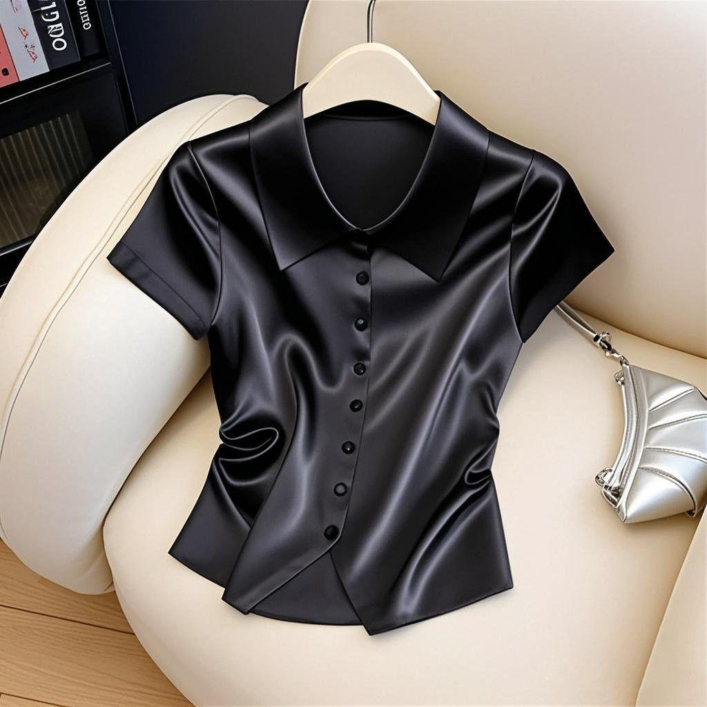 Summer Fashion Temperament Buttons Solid Color Shirts Ladies Fashion Turn-down Collar Short Sleeve Blouse Women Clothes