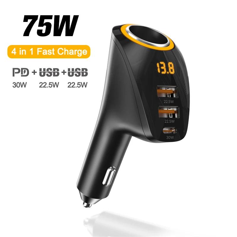 

75 Вт 3 порта USB автомобильное зарядное устройство прикуриватель адаптер PD QC3.0 сверхбыстрая зарядка с цифровым дисплеем для iPhone Huawei Xiaomi