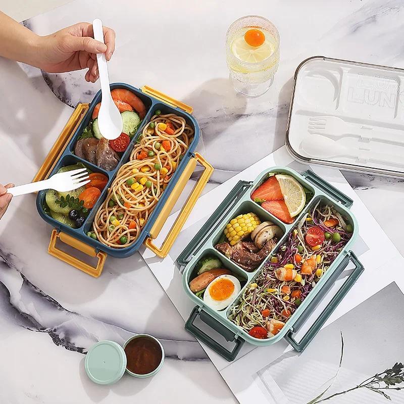1300ML Lunch Box Plastic Portable Compartment Bento Box Microwave Students Office Food Container with Fork and Spoon Tableware