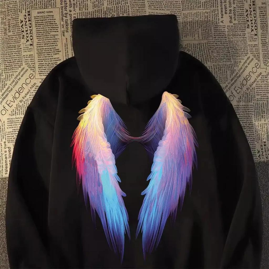 Colorful Winged Multi-pattern Hooded Pullover for Autumn and Winter, Suitable for Daily Outdoor Casual Wear.