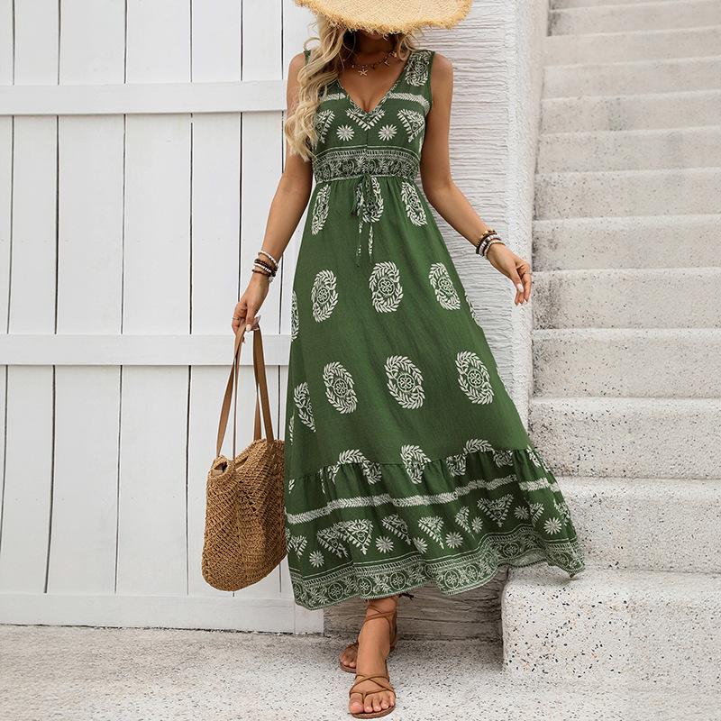 

New holiday style print dress green ethnic style casual V-neck high waist long dress women XL зелений