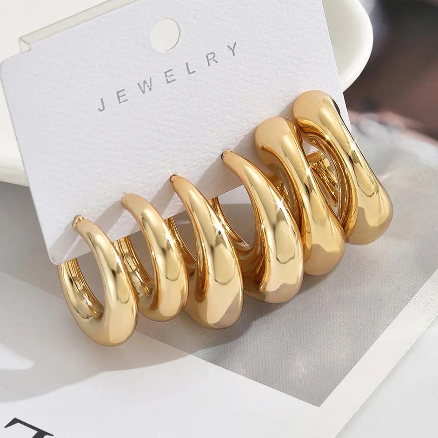 LATS 6 Stück Vintage Klassische Geometrie Glänzend Ccb Vergoldet C-Form Creolen Set für Damen Tropfenförmiger Ohrring Mode Zirkon
