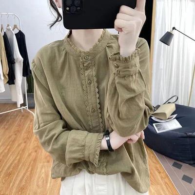 Camisa de Manga Folha de Lótus Algodão Linho Manga Comprida Feminina Renda Costurada Top Primavera Solto Retrô Gola Alta Camisa Básica