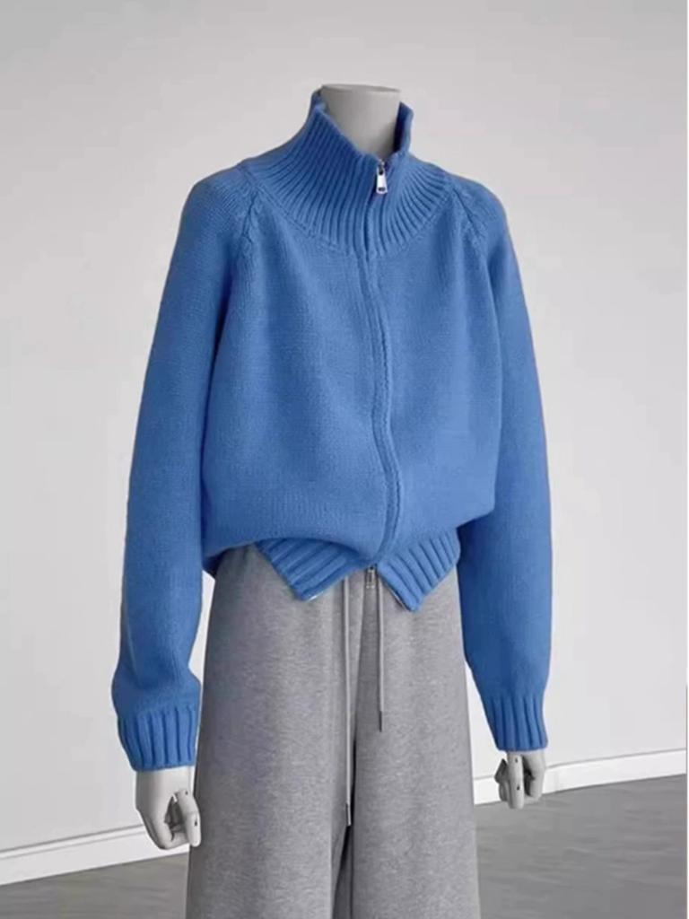 Lazy Wind Double Zipper Sweater Jacket Women's Autumn and Winter New Small Thickened Loose High Neck Knitted Cardigan