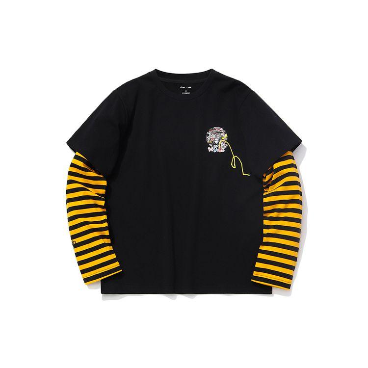 Li Ning X X-Girl Collaboration Sports Fashion Series Striped Loose Round Neck Long Sleeve T-Shirt Women Tops Black ATLQ118-2