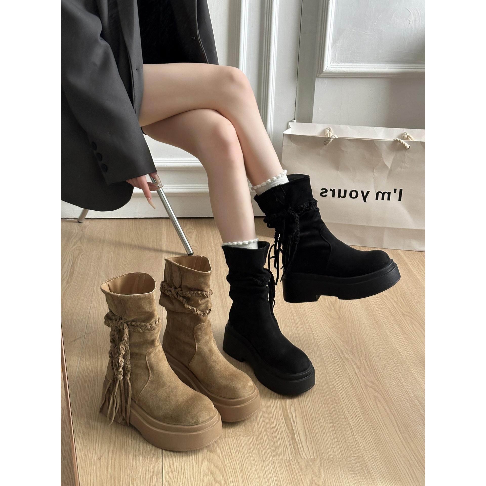 Khaki retro platform boots women s autumn height and thinness Maillard Birkenstock short boots 35