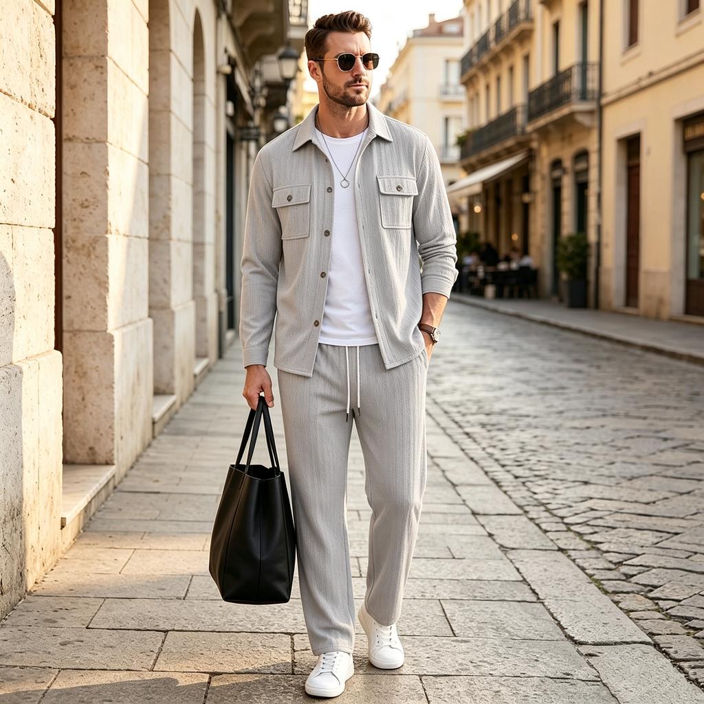 Men's Casual 2-Piece Sport Outfit with Lapel Jacket Button Pockets and Straight Leg Pants