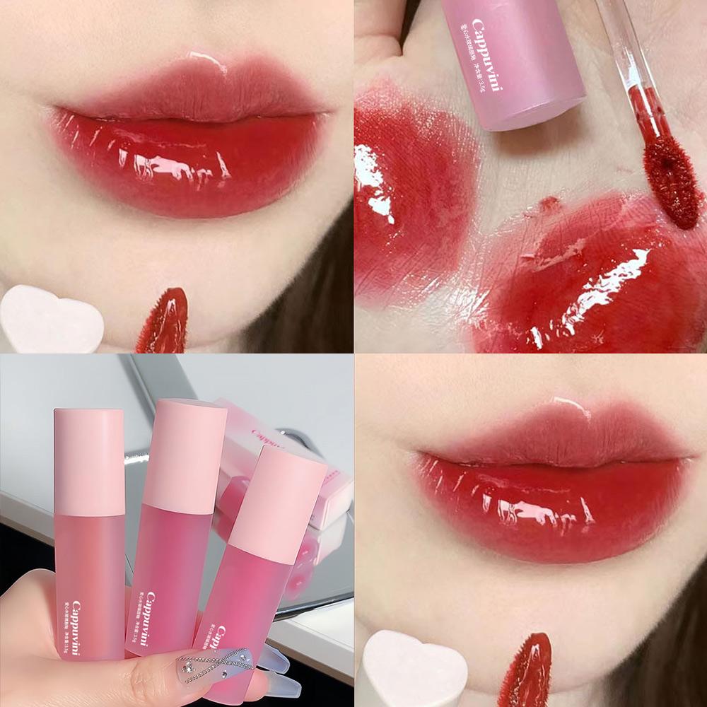 

CAPPUVINI Pink Love Heart Design Lip Glaze Mirror Water Light Glass Прозрачный блеск для губ Увлажняющая женская милая помада