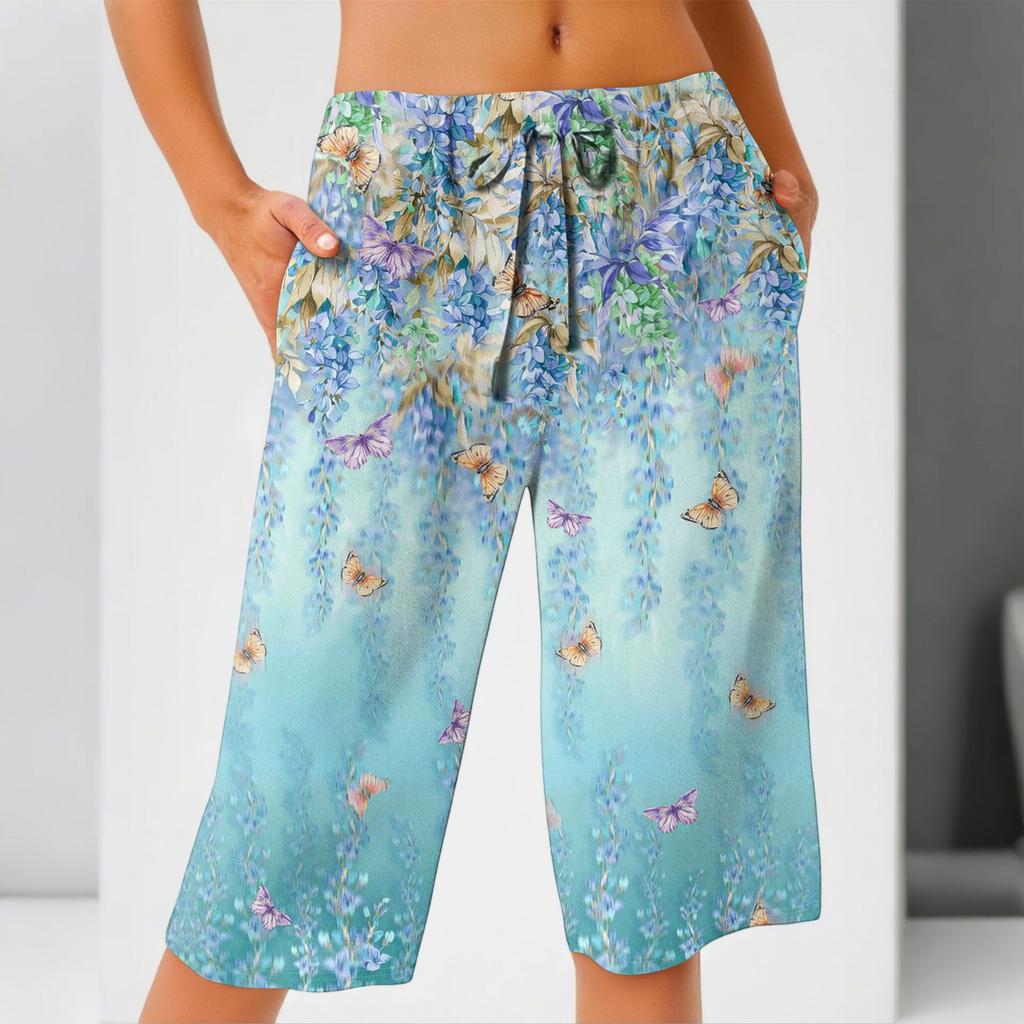 Women's Summer Fashion Retro Floral Polka Dot Print Knee Length Lightweight Elastic Waist Casual Pocket Shorts