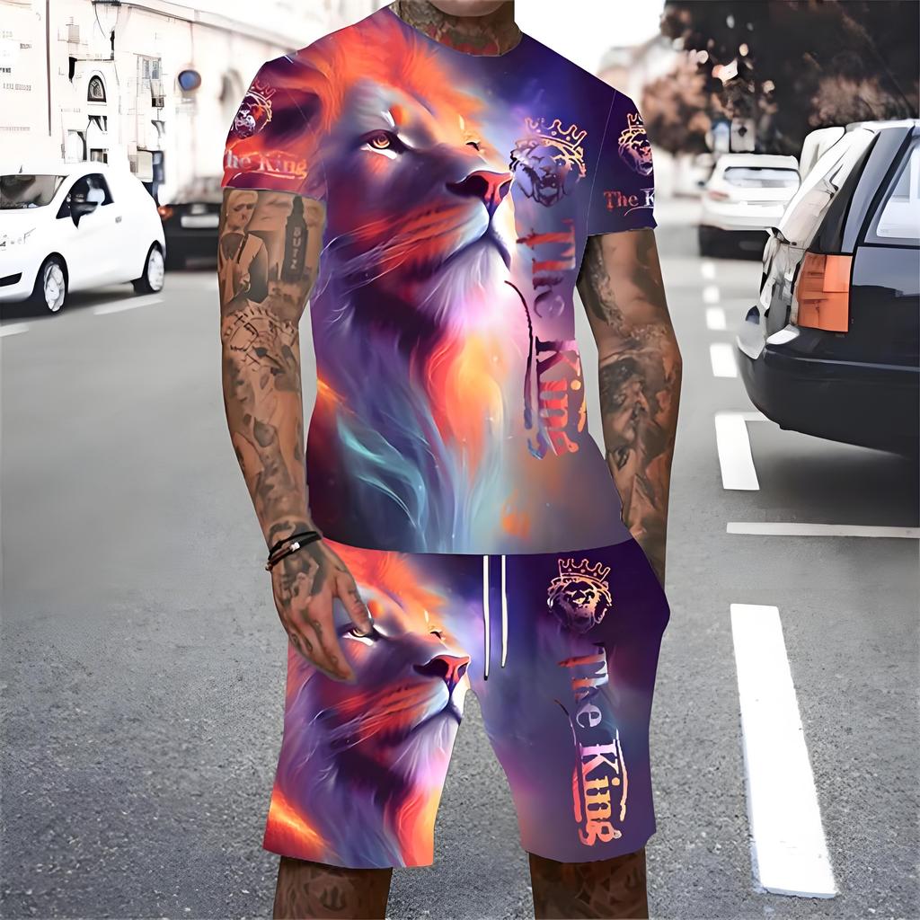 Trendy Lion Graphic Short Sleeve Top Drawstring Shorts Set Summer T-shirt Pocket Shorts 2-piece Set Oversized Men's Clothing