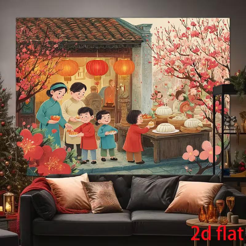 2D Traditional Tet Backdrop with Family Gathering, Peach Blossoms & Red Lanterns for Lunar New Year Events