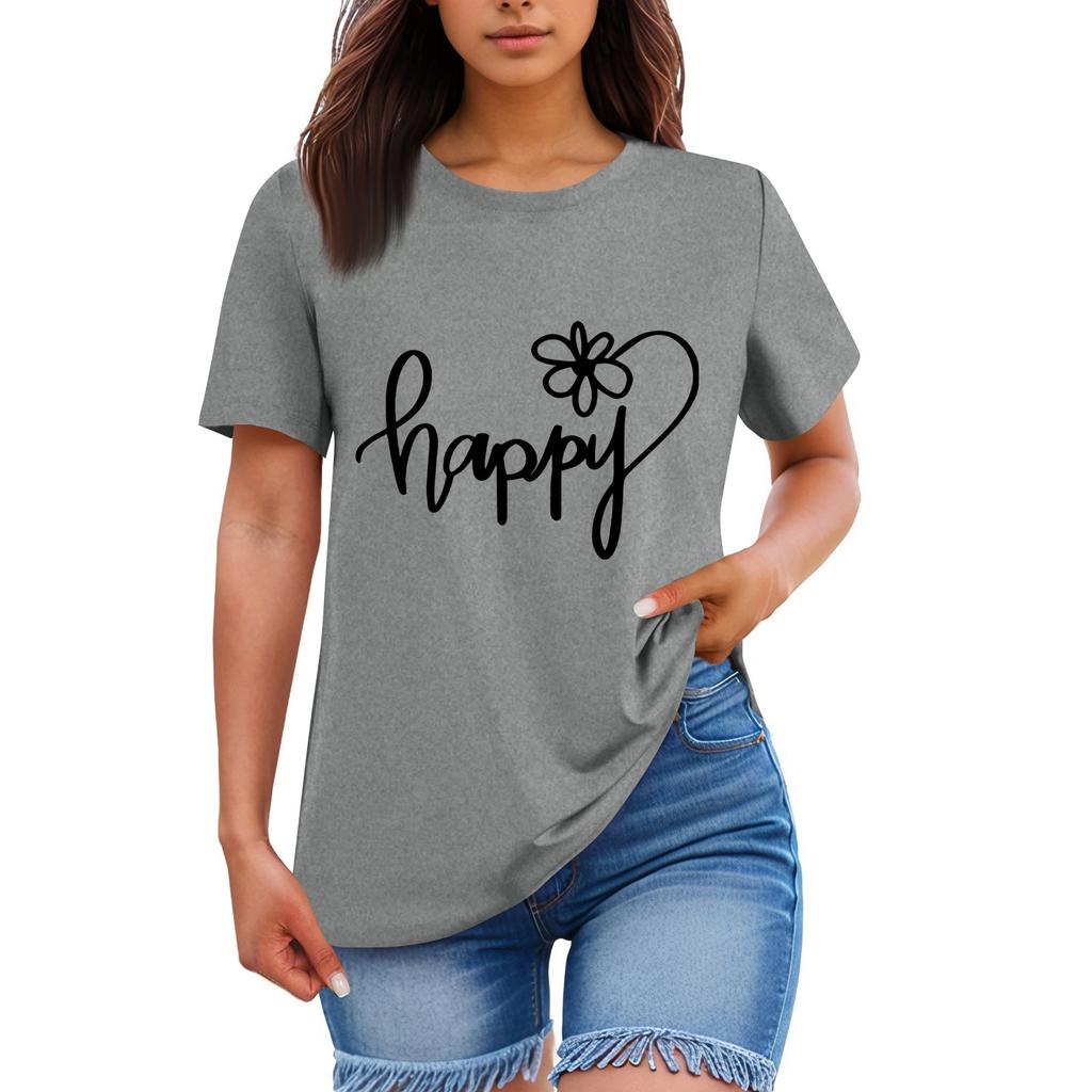 Ladies' Loose Comfortable Casual Fashionable “Happy”Character Printed Round Neck Short Sleeved Shirt