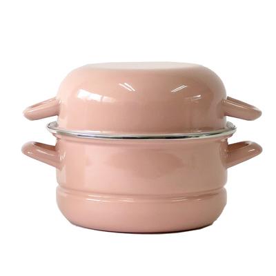 Fuji Emaliowany Parowar Mini Garnek z Dwoma Uchwytami 18 cm Cały Różowy Wielofunkcyjny Gotuj, Duś, Gotuj na Parze, Smaż, Jeden,