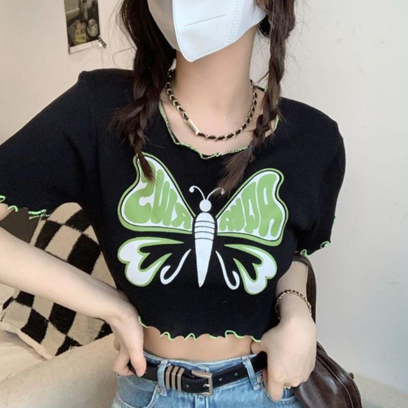 Design Sense Spicy Girl Printed Fungus Edge Exposed Navel Knitted Short Sleeved T-shirt for Women's Summer Versatile Clothes